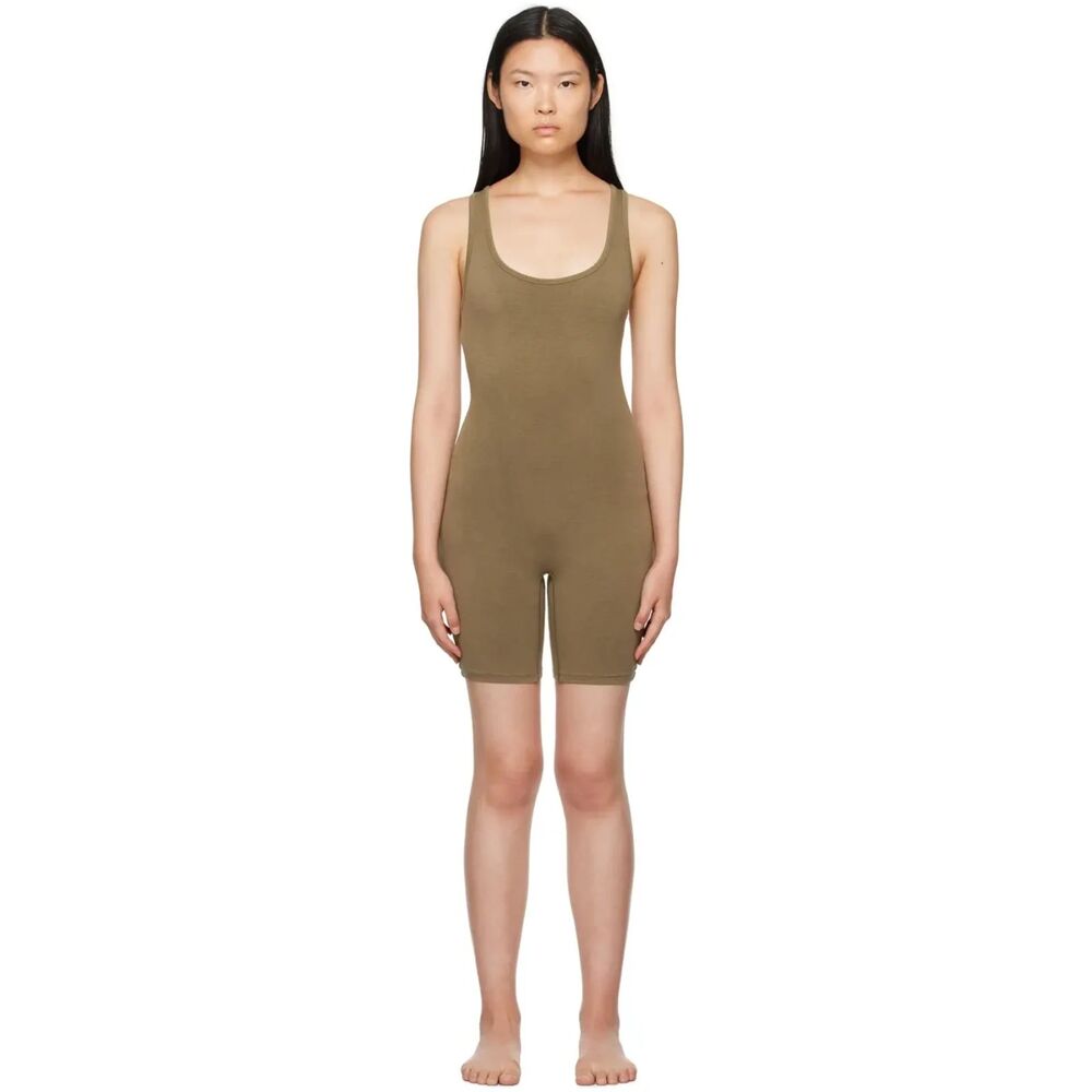 Taupe Tan Scoop Neck Bodycon Mini Dress L Asymmetrical Hem Y2K Minimalist